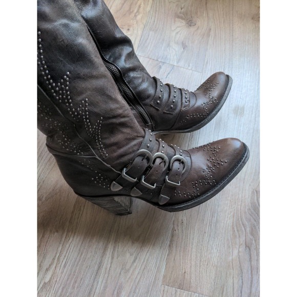 Old Gringo Roxy Studded Buckle Tall Heeled Western Boots 18" Women 6.5 Chocolate - Picture 5 of 16